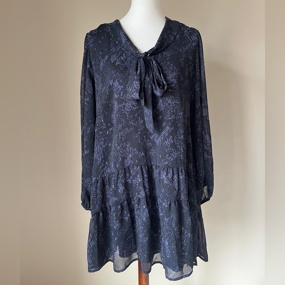 Chelsea28 Navy Long Sleeve Dress with Tie Neck